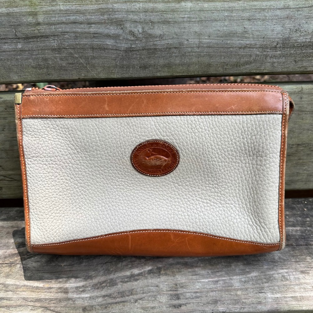 Vintage 80s Dooney & Bourke All Weather Leather Clutch Bag Cream Tan USA Made